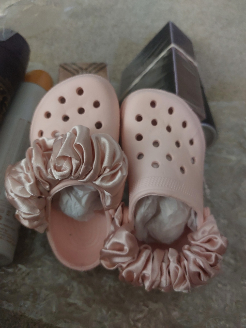 Pink Satin-Trim Clog Slides